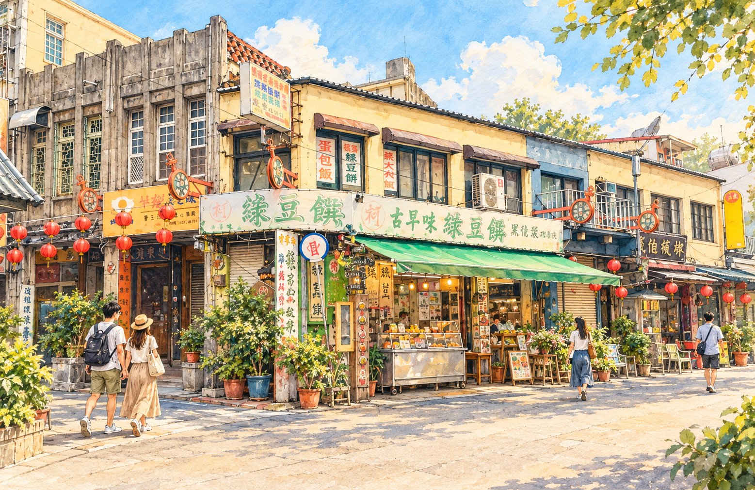 恆春老街綠豆甜品老店街景水彩插畫
