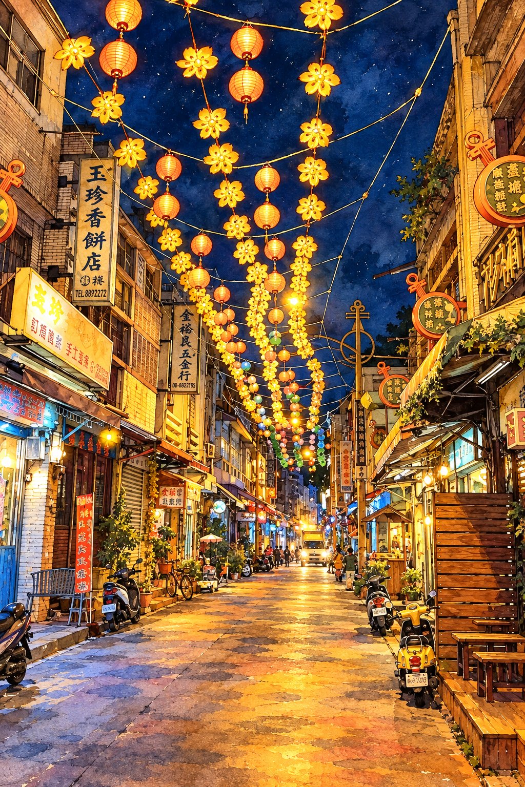 恆春老街夜晚掛滿燈籠的街道水彩插畫