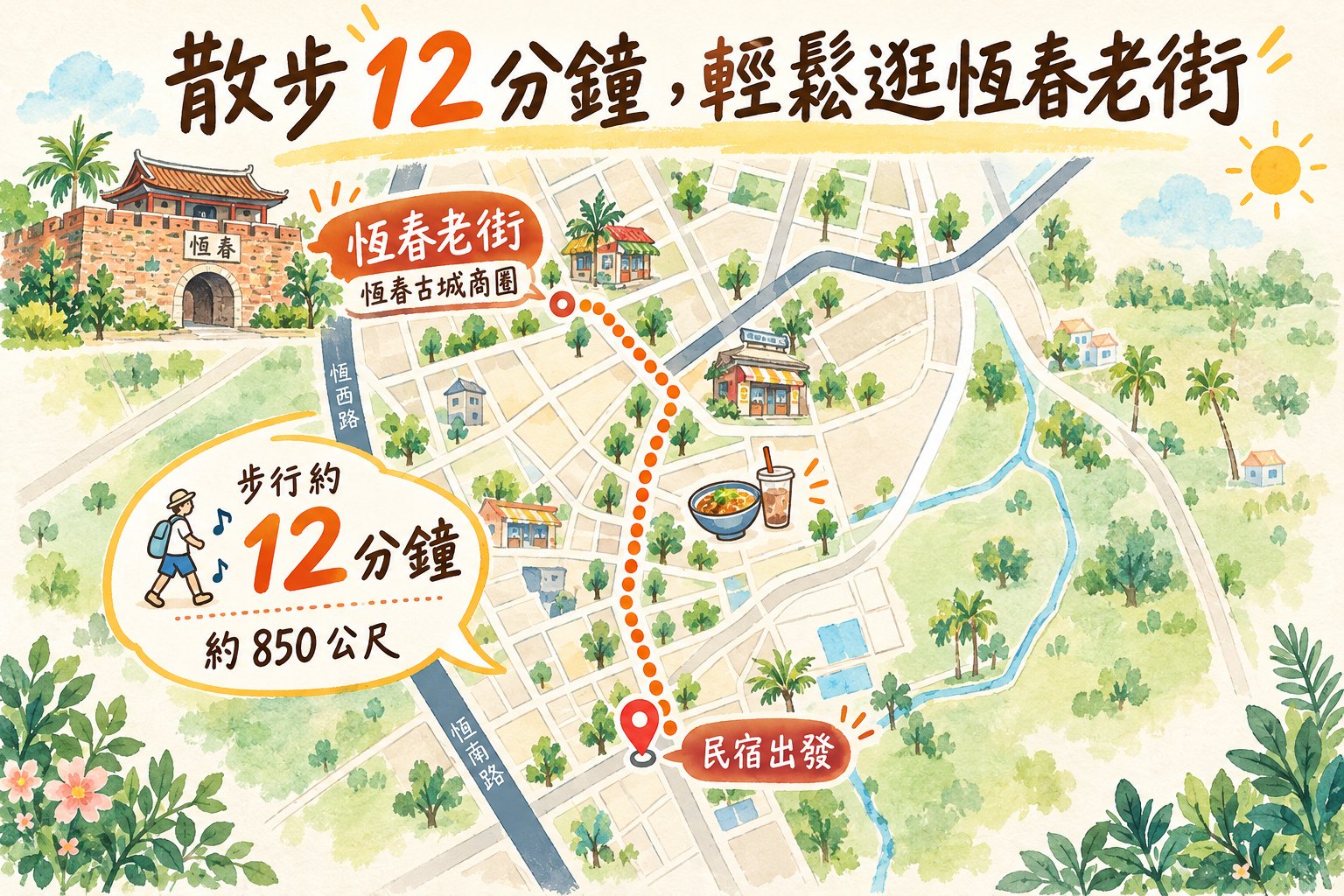 從覓謐恆春包棟民宿步行到恆春老街的路線地圖,約12分鐘、850公尺